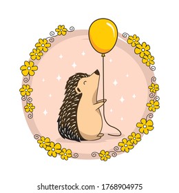 Hedgehog Cartoon Playing Balloon Porcupine Cute Animals - Flower Background