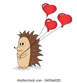 Hedgehog in cartoon style holding a red balloons in the shape of a heart. Valentine's Day card. Happy birthday print. Hand drawing hedgehog. Vector illustration. Love balloon background.