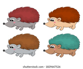 Hedgehog cartoon vector set. Collection of autumnal happy pet illustration isolated on white. Funny mammal mascot for kids. Young animal with sharp spikes for autumn design. October symbol or icon.