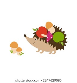 Hedgehog character with apples and mushrooms. Cheerful icon.