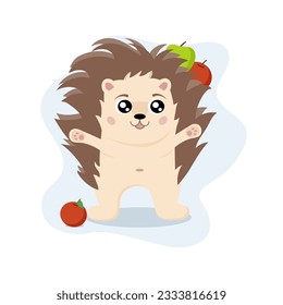 Hedgehog character with apples, vector illustration