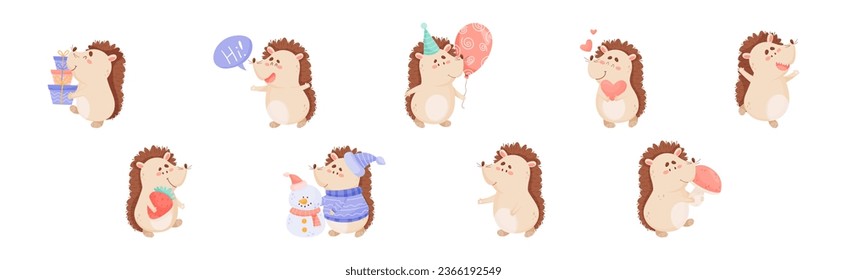 Hedgehog Character Engaged in Different Activity Vector Set