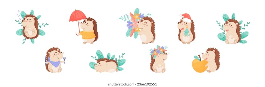 Hedgehog Character Engaged in Different Activity Vector Set