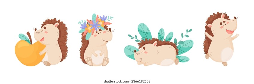 Hedgehog Character Engaged in Different Activity Vector Set