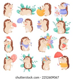 Hedgehog Character with Spikes Engaged in Different Activity Big Vector Set