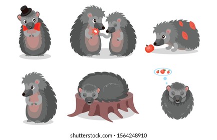 Hedgehog Character Vector Set. Prickly Forest Animal Sleeping and Wearing a Bowtie