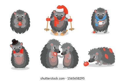 Hedgehog Character Vector Set. Prickly Forest Animal Skiing and Wearing a Bowtie