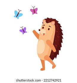 Hedgehog characters vector illustration. Wild animal catches butterfly isolated on white background. Wildlife, animal, nature, mascot concept
