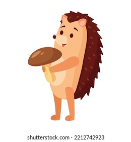 Hedgehog characters vector illustration. Wild animal holding mushroom isolated on white background. Wildlife, animal, nature, mascot concept