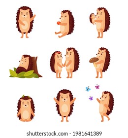 Hedgehog characters vector illustrations set. Wild animal sleeping, waving, meditating, holding baby isolated on white background. Wildlife, animals, nature, mascot concept