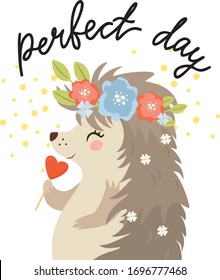 
Hedgehog child pattern textile print with cute flower crown