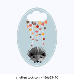 Hedgehog, cloud and leaves illustration