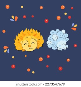 hedgehog cloud and hedgehog sun,  Cute cartoon characters for children fabric. Vector illustration for National Pet Month, hedgehog day, print for textile. 