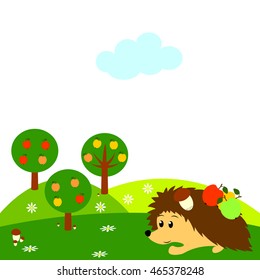 hedgehog collect apples and mushrooms in the forest