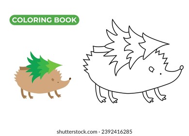 Hedgehog coloring book. Linear vector illustration of forest animal. Black and white drawing of hedgehog carrying Christmas tree on back. Hand drawn doodle style.