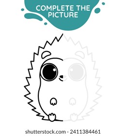 hedgehog complete the picture symmetry drawing activity cute outline illustration suitable for coloring books page for children black and white educational preschool activity sheet vector isolated