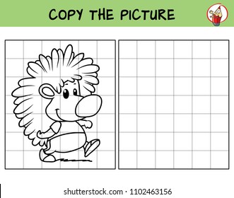 Hedgehog. Copy the picture. Coloring book. Educational game for children. Cartoon vector illustration