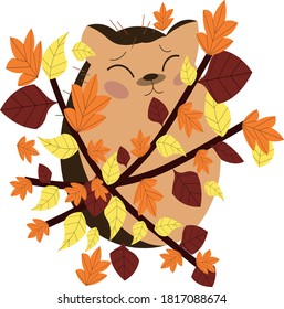 hedgehog covered with branches with leaves in vector illustration