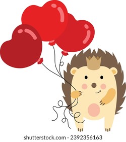 Hedgehog with a crown holding heart balloons
