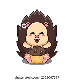 hedgehog with cup cake cartoon vector illustration.