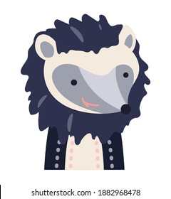 Hedgehog cute animal baby face vector illustration. Hand drawn style nursery character. Scandinavian funny kid design.