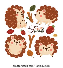 Hedgehog Cute Character Forest Animal Cartoon Set Design, Vektorgrafik, Illustration