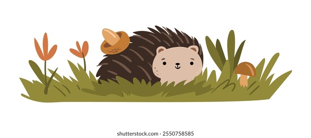 Animal lindo del bosque del erizo con el hongo en la parte posterior, erizo divertido en hierba verde, zoológico alegre y carácter de la fauna. Ilustración vectorial de animales amigables para niños y niños