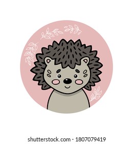 Hedgehog. Cute funny hand drawn animal sticker or label. Cartoon doodle sketch style. Vector illustration for print: card, banner, poster, baby cloth, sticker, interior elements for nursery.