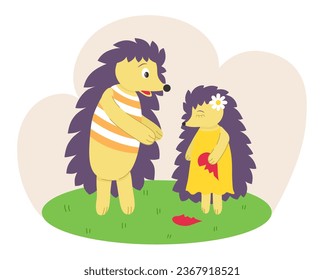 Hedgehog dad with baby. Vector illustration. Cartoon hedgehog parent. Dad softens and takes pity on his daughter