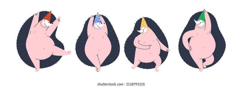 Hedgehog dancers. Four hedgehogs in colored paper caps staged a dance. Cute animals isolated on white background. Flat vector illustration.