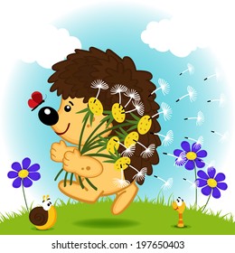 hedgehog with dandelions - vector illustration, EPS