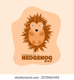 Hedgehog Day to celebrate on February 2nd. Illustration of a cute hedgehog with bold text on beige background. Animal event banner.