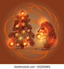 hedgehog decorates a Christmas tree with apples.Christmas time.vector illustration variant 2