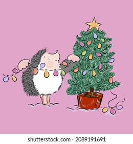 hedgehog decorates christmas tree on pink background