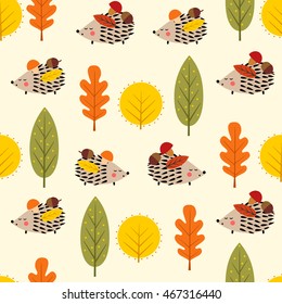 Hedgehog and decorative leaves seamless pattern. Autumn forest nature background. Baby hedgehog with trees vector illustration. Design for textile, wallpaper, fabric.