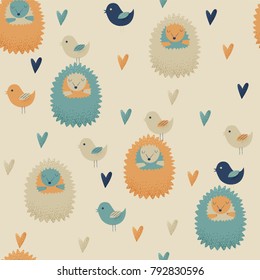 Hedgehog design, vector seamless pattern with birds and hearts