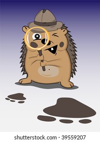 hedgehog detective in a grey hat with magnifying glass
