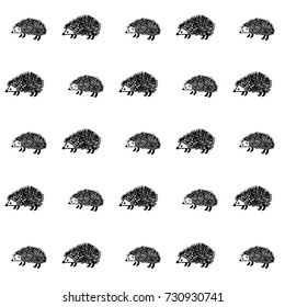 Hedgehog doodle vector pattern on white background. Mother and baby hedgehogs. Cute animal vector design, textile or fabric for children clothes.