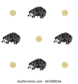 Hedgehog doodle and yellow polka dot seamless vector pattern with white background. Cute animal and circles childish vector design, textile or fabric for children clothes.