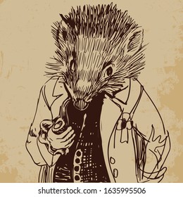 Hedgehog dressed up in a jacket with a pipe, anthropomorphic illustration, fashion animal. Sophisticated animal. Pet in a suit dressed in Vintage Style, Retro Chic. Wise great hedgehog hand drawn