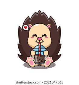 hedgehog drink boba milk tea cartoon vector illustration.