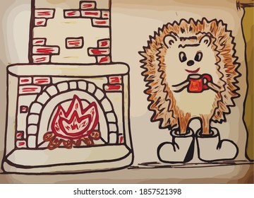 hedgehog drinks a hot drink by the fireplace