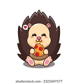 hedgehog eating pizza cartoon vector illustration.