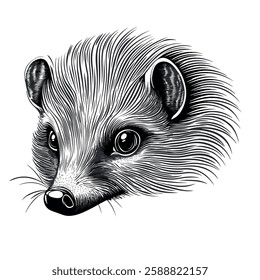 Hedgehog engraving sketch black and white. Vector EPS 10, 3 colors.