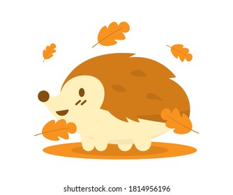 hedgehog or Erinaceinae cute character illustration. smile and be under or around fallen leaves. winter and autumn animals. flat style. design elements