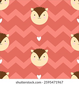 Hedgehog face with heart symbol. seamless pattern for posters, wrapping paper, children's t-shirts, with pink zigzag background. Flat design