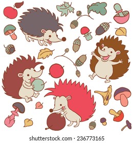 Hedgehog  and Fall isolated object on white background. Children illustration design element collection. VECTOR.