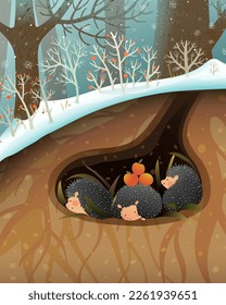 Hedgehog family sleeping or hibernating in a den or burrow. Cute hedgehog animal forest habitat illustration for children. Animals in the woods cute wildlife graphics. Vector drawing for kids.