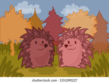 Hedgehog family standing in front of the trees. Fall, autumn forest with warm colours. Leaves, hedgehog girl and boy illustration.