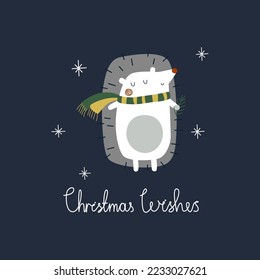 Hedgehog with a fir branch and a green scarf. Lettering: Christmas Wishes. Ideal for New Year and Christmas cards, printing on fabric, backpacks. Will please your friends by e-mail from a distance.